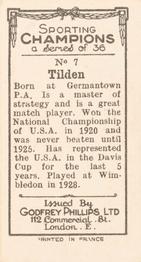 1929 Godfrey Phillips Sporting Champions #7 Bill Tilden Back