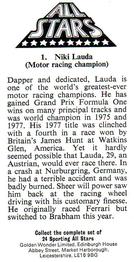 1979 Golden Wonder Sporting All Stars #1 Niki Lauda Back