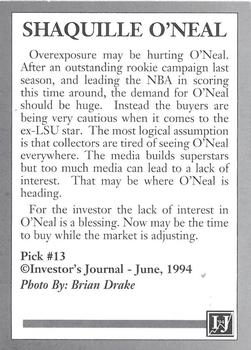 1994 Investor's Journal Gold Prism (unlicensed) #13 Shaquille O'Neal Back