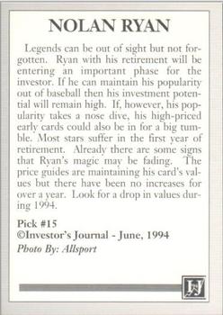 1994 Investor's Journal Gold Prism (unlicensed) - Silver Prism #15 Nolan Ryan Back