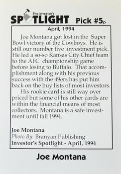 1994 Investor's Spotlight (unlicensed) #5p Joe Montana Back