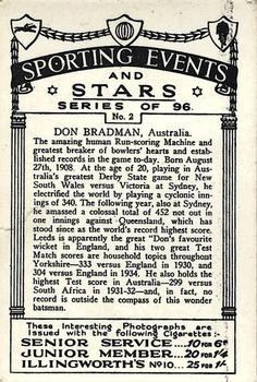 1935 J.A. Pattreiouex Sporting Events and Stars #2 Don Bradman Back