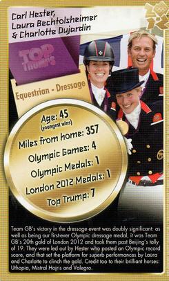 2012 Top Trumps Gold 30 Legends of London 2012 #NNO Carl Hester / Laura Bechtolsheimer / Charlotte Dujardin Front