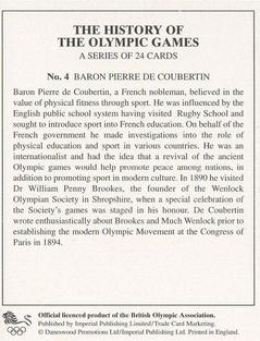 1996 Imperial Publishing Ltd The History of The Olympic Games #4 Baron Pierre De Coubertin Back