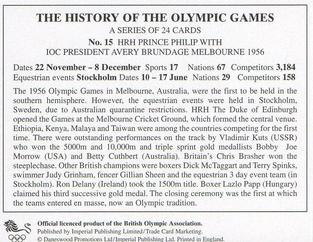 1996 Imperial Publishing Ltd The History of The Olympic Games #15 HRH Prince Philip with IOC President Avery Brundage Melbourne 1956 Back