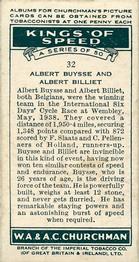 1939 Churchman's Kings of Speed #32 Albert Buysse / Albert Billiet Back