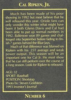 1993 The Investor's Journal - Blue #6 Cal Ripken Jr. Back