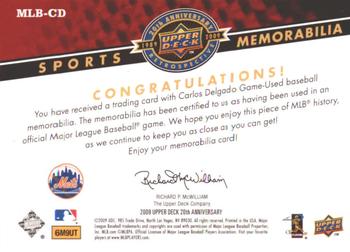 2009 Upper Deck 20th Anniversary - Sports Memorabilia #MLB-CD Carlos Delgado Back