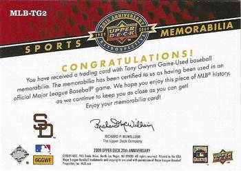 2009 Upper Deck 20th Anniversary - Sports Memorabilia #MLB-TG2 Tony Gwynn Back