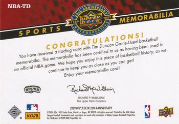 2009 Upper Deck 20th Anniversary - Sports Memorabilia #NBA-TD Tim Duncan Back