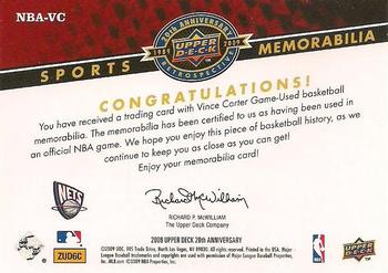 2009 Upper Deck 20th Anniversary - Sports Memorabilia #NBA-VC Vince Carter Back