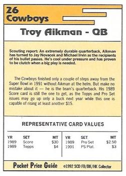 1992 SCD Football, Basketball & Hockey Collector Pocket Price Guide #26 Troy Aikman Back