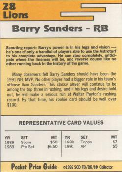 1992 SCD Football, Basketball & Hockey Collector Pocket Price Guide #28 Barry Sanders Back