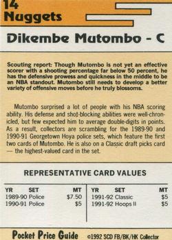 1992 SCD Football, Basketball & Hockey Collector Pocket Price Guide #14 Dikembe Mutombo Back