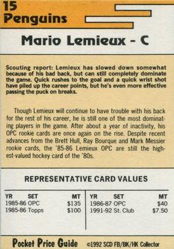 1992 SCD Football, Basketball & Hockey Collector Pocket Price Guide #15 Mario Lemieux Back