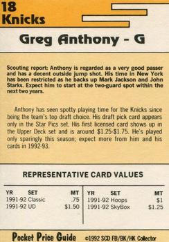 1992 SCD Football, Basketball & Hockey Collector Pocket Price Guide #18 Greg Anthony Back