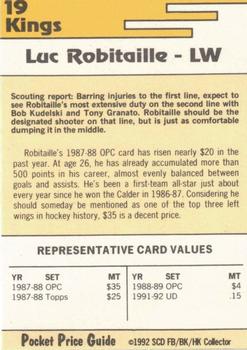 1992 SCD Football, Basketball & Hockey Collector Pocket Price Guide #19 Luc Robitaille Back