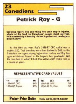 1992 SCD Football, Basketball & Hockey Collector Pocket Price Guide #23 Patrick Roy Back