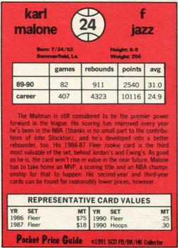1991 SCD Sports Card Pocket Price Guide FB/BK/HK Collector #24 Karl Malone Back