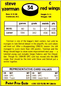 1991 SCD Sports Card Pocket Price Guide FB/BK/HK Collector #34 Steve Yzerman Back