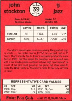 1991 SCD Sports Card Pocket Price Guide FB/BK/HK Collector #39 John Stockton Back