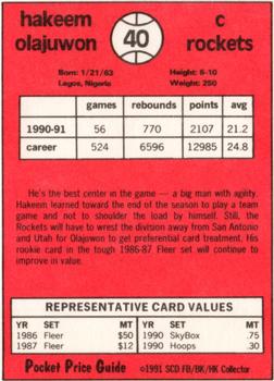 1991 SCD Sports Card Pocket Price Guide FB/BK/HK Collector #40 Hakeem Olajuwon Back