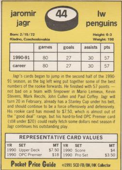 1991 SCD Sports Card Pocket Price Guide FB/BK/HK Collector #44 Jaromir Jagr Back