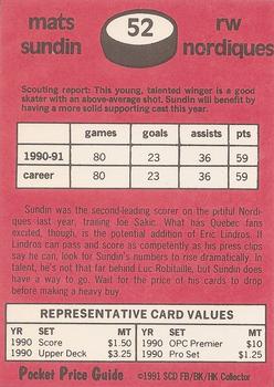 1991 SCD Sports Card Pocket Price Guide FB/BK/HK Collector #52 Mats Sundin Back