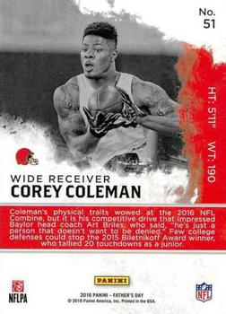 2016 Panini Father's Day #51 Corey Coleman Back