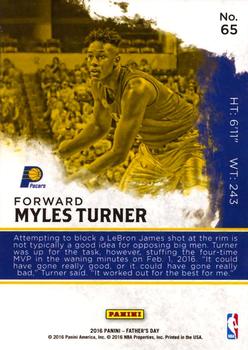 2016 Panini Father's Day #65 Myles Turner Back
