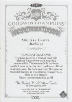 2016 Upper Deck Goodwin Champions - Memorabilia #M-MB Melissa Baker Back
