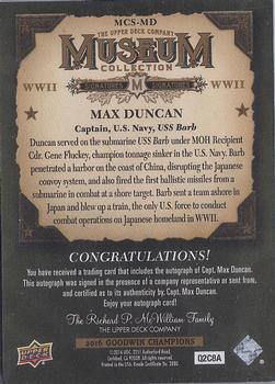 2016 Upper Deck Goodwin Champions - Museum Collection World War II Signatures #MCS-MD Max Duncan Back