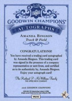 2016 Upper Deck Goodwin Champions - Autographs #A-AB Amanda Bingson Back