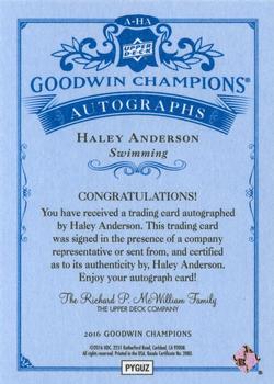 2016 Upper Deck Goodwin Champions - Autographs #A-HA Haley Anderson Back