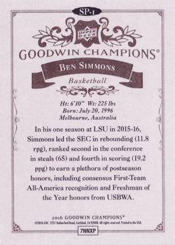 2016 Upper Deck Goodwin Champions - Base Short Prints (Photo Variations) #SP-1 Ben Simmons Back