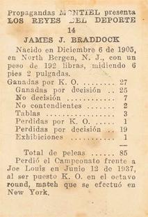 1946-47 Propagandas Montiel Los Reyes del Deporte (Cuba) #14 James Braddock Back