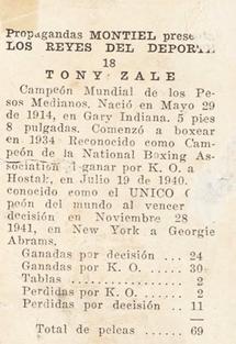 1946-47 Propagandas Montiel Los Reyes del Deporte (Cuba) #18 Tony Zale Back