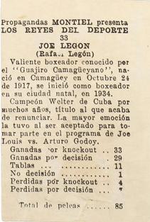 1946-47 Propagandas Montiel Los Reyes del Deporte (Cuba) #33 Joe Legon Back