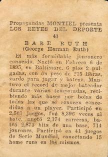 1946-47 Propagandas Montiel Los Reyes del Deporte (Cuba) #41 Babe Ruth Back