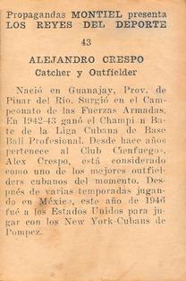 1946-47 Propagandas Montiel Los Reyes del Deporte (Cuba) #43 Alejandro Crespo Back