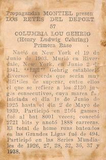 1946-47 Propagandas Montiel Los Reyes del Deporte (Cuba) #57 Lou Gehrig Back