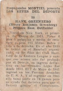 1946-47 Propagandas Montiel Los Reyes del Deporte (Cuba) #59 Hank Greenberg Back