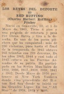 1946-47 Propagandas Montiel Los Reyes del Deporte (Cuba) #60 Red Ruffing Back