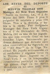 1946-47 Propagandas Montiel Los Reyes del Deporte (Cuba) #65 Mel Ott Back
