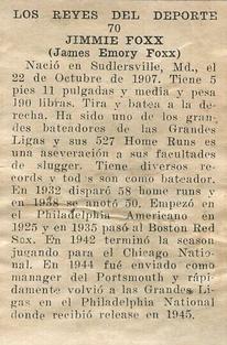 1946-47 Propagandas Montiel Los Reyes del Deporte (Cuba) #70 Jimmie Foxx Back