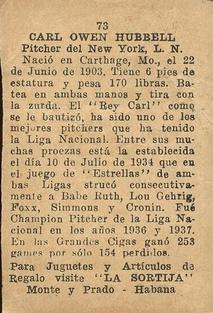 1946-47 Propagandas Montiel Los Reyes del Deporte (Cuba) #73 Carl Hubbell Back