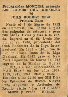 1946-47 Propagandas Montiel Los Reyes del Deporte (Cuba) #76 Johnny Mize Back