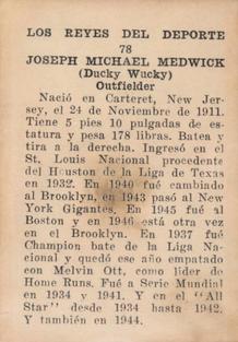 1946-47 Propagandas Montiel Los Reyes del Deporte (Cuba) #78 Joe Medwick Back
