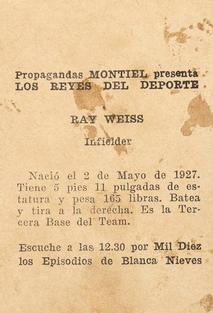 1946-47 Propagandas Montiel Los Reyes del Deporte (Cuba) #176 Ray Weiss Back