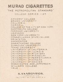 1909-12 Murad Cigarettes (T51) #NNO Williams College Back